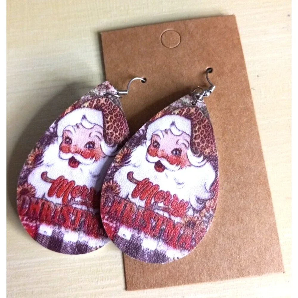 Santa Earrings Merry Christmas Muted Sunflower Leopard Greenery Patterns